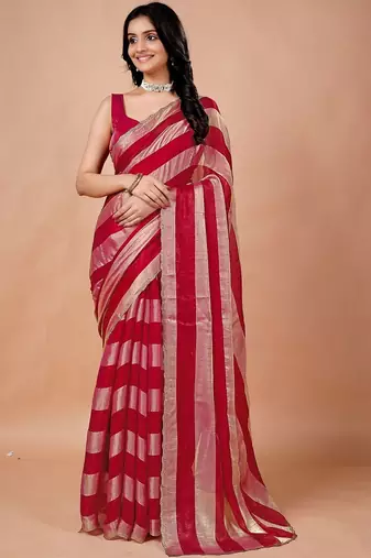 Red women ethnic motifs woven design saree