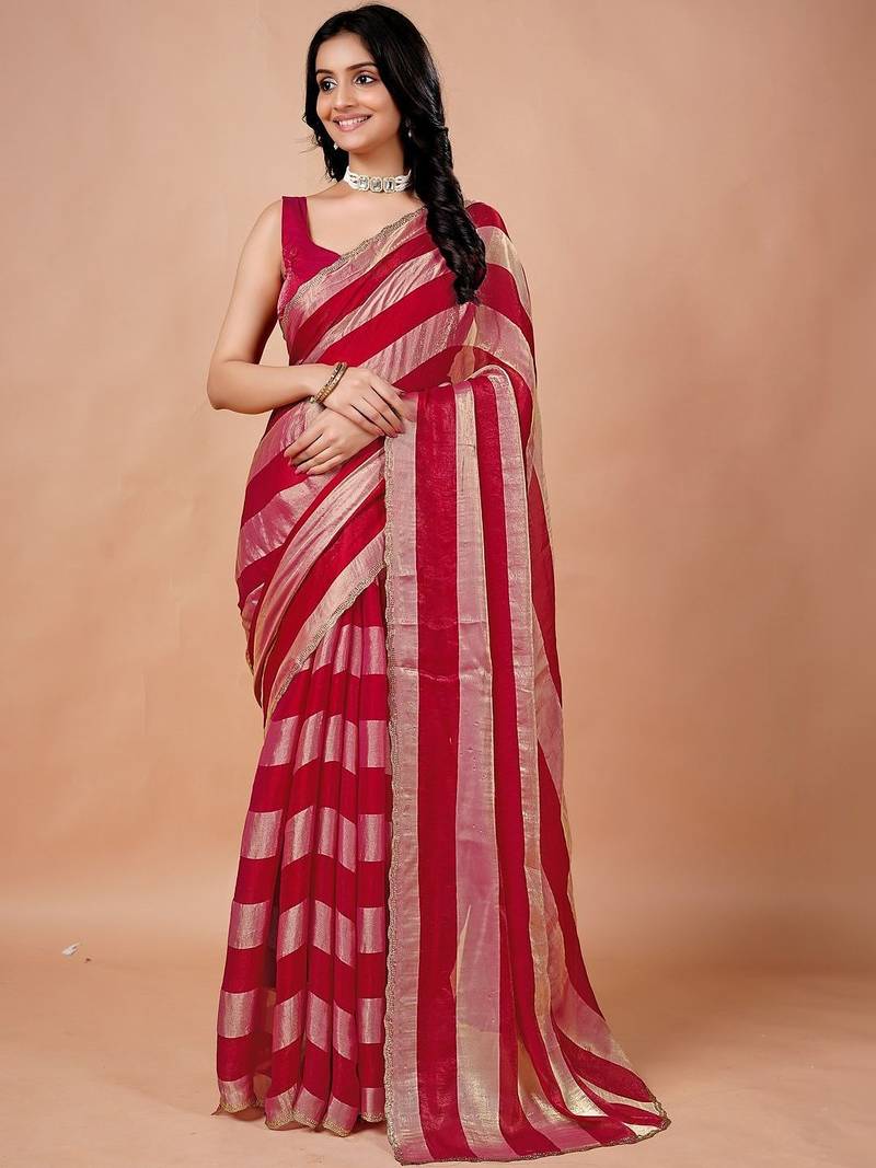 Red women ethnic motifs woven design saree