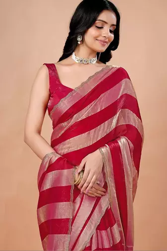 Red women ethnic motifs woven design saree