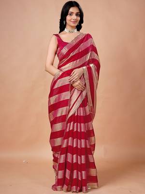 Red women ethnic motifs woven design saree 3