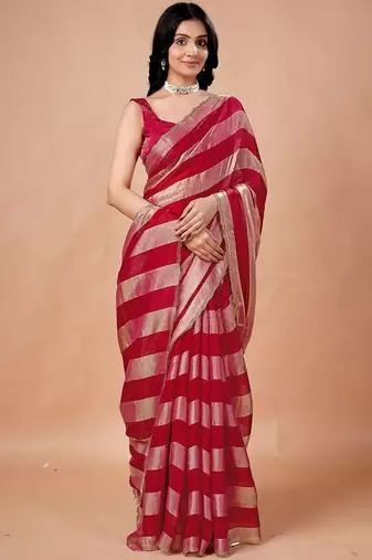 Red women ethnic motifs woven design saree