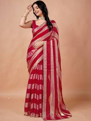 Red women ethnic motifs woven design saree 5