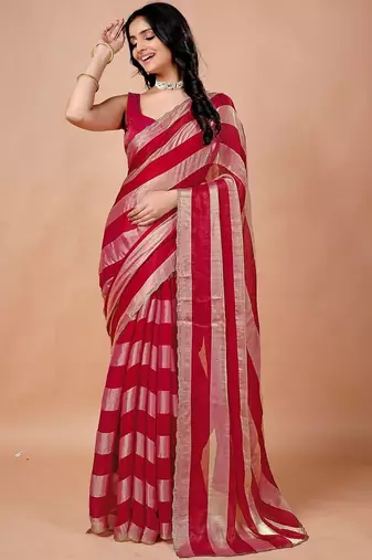 Red women ethnic motifs woven design saree