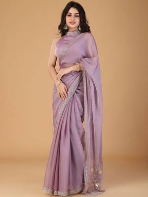 Lavender stonework embellished beads border silk saree with unstitched blouse 1