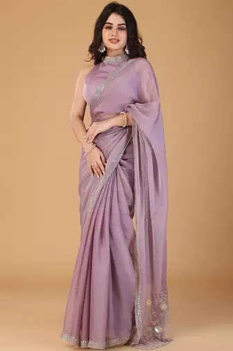 Lavender stonework embellished beads border silk saree with unstitched blouse