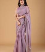 Lavender stonework embellished beads border silk saree with unstitched blouse