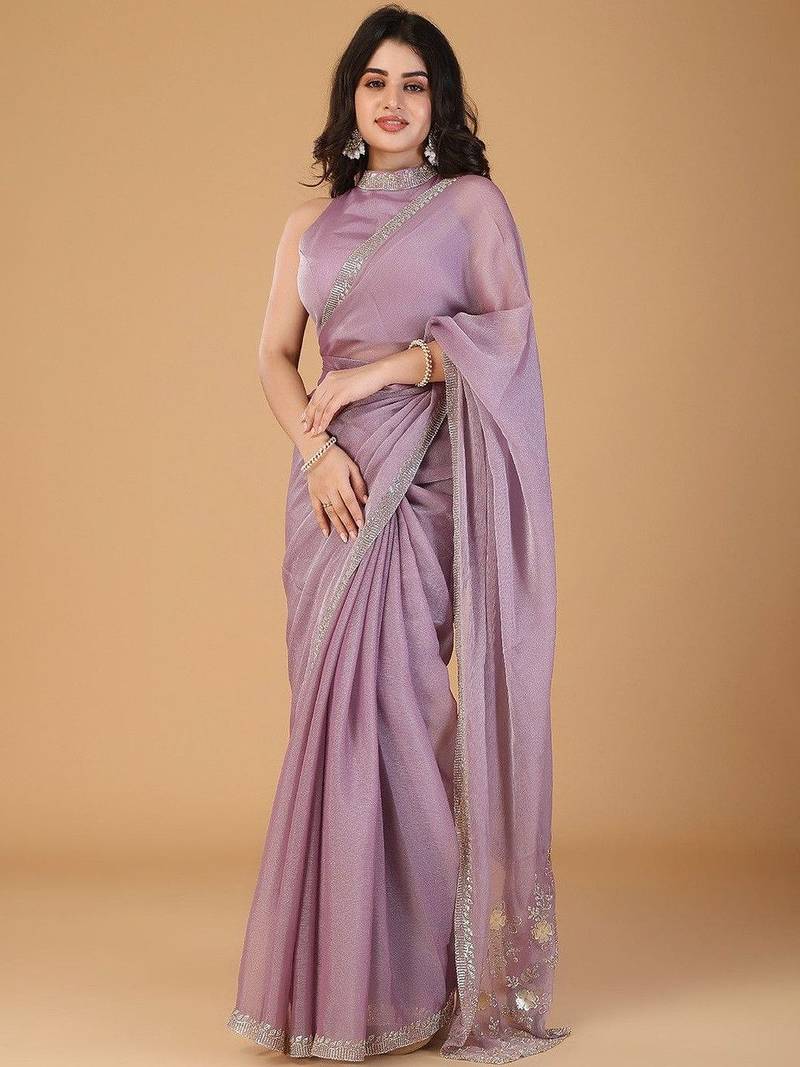 Lavender stonework embellished beads border silk saree with unstitched blouse