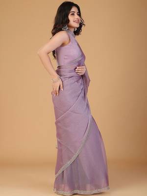 Lavender stonework embellished beads border silk saree with unstitched blouse 2