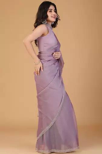 Lavender stonework embellished beads border silk saree with unstitched blouse