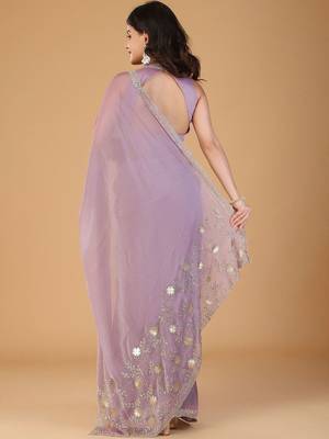 Lavender stonework embellished beads border silk saree with unstitched blouse 3