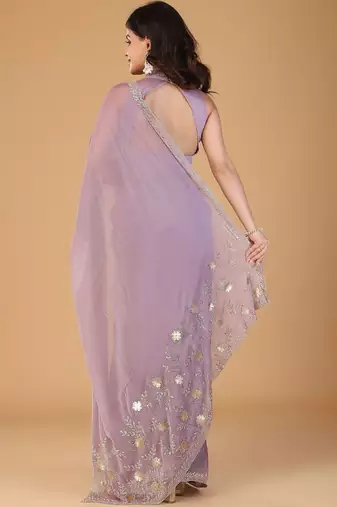 Lavender stonework embellished beads border silk saree with unstitched blouse