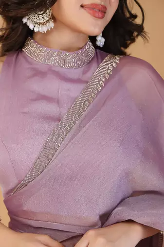 Lavender stonework embellished beads border silk saree with unstitched blouse