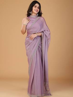 Lavender stonework embellished beads border silk saree with unstitched blouse 5