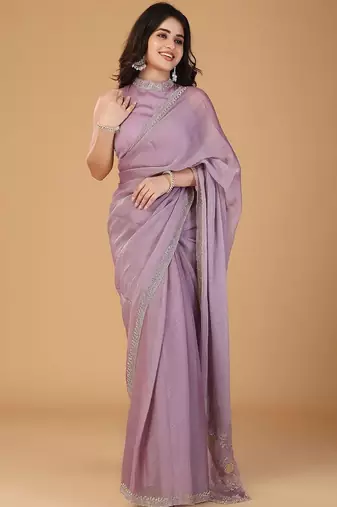 Lavender stonework embellished beads border silk saree with unstitched blouse