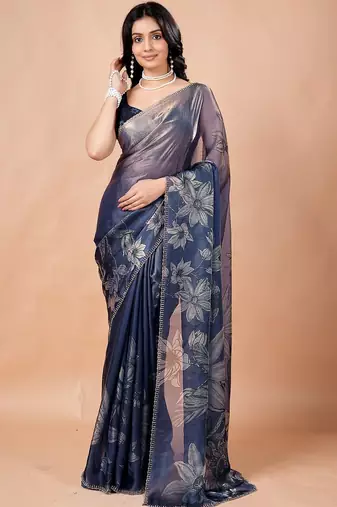 Navy blue women ethnic motifs woven design saree