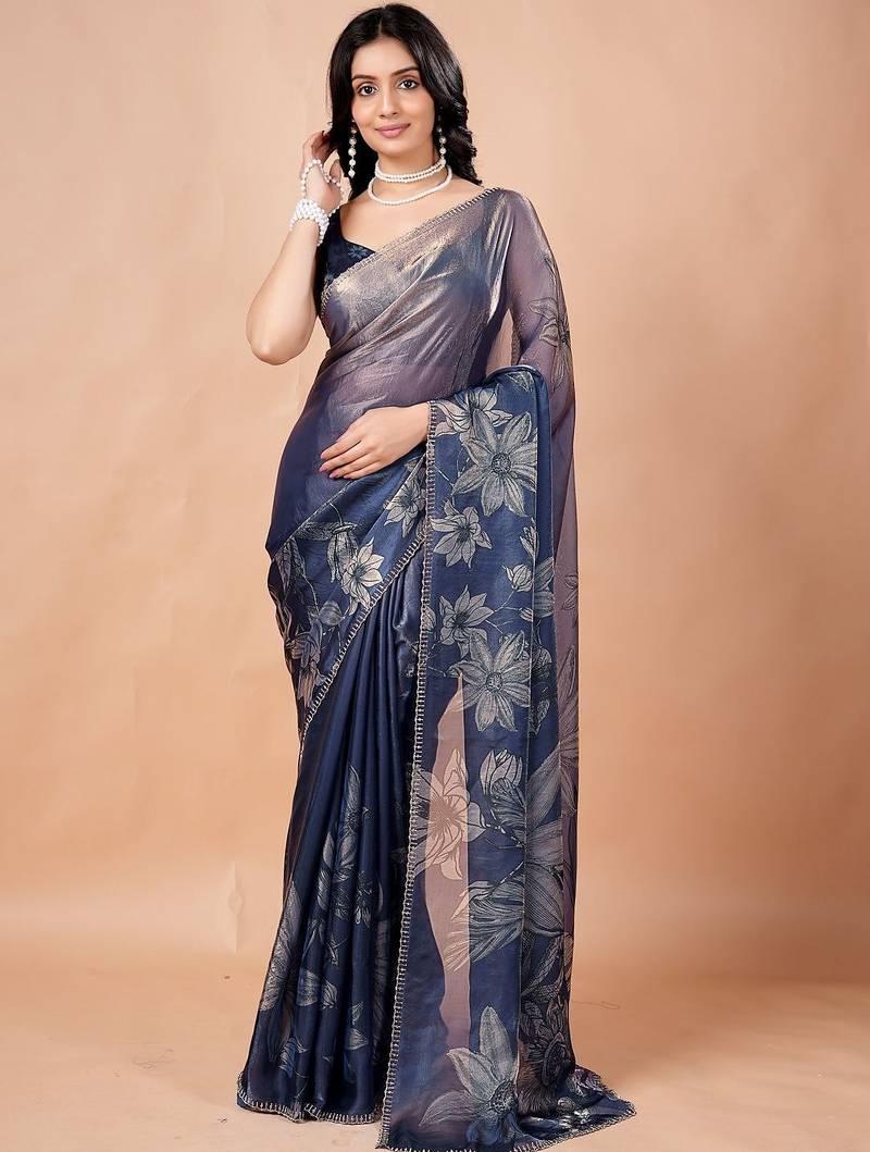 Navy blue women ethnic motifs woven design saree