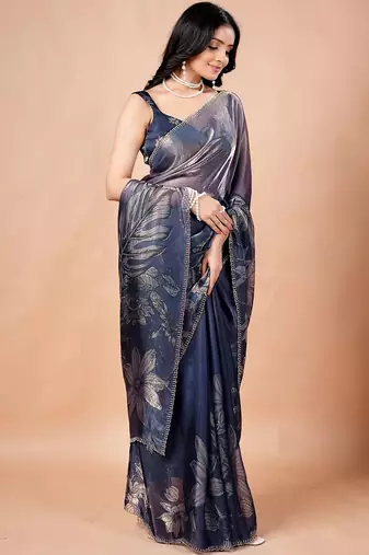 Navy blue women ethnic motifs woven design saree