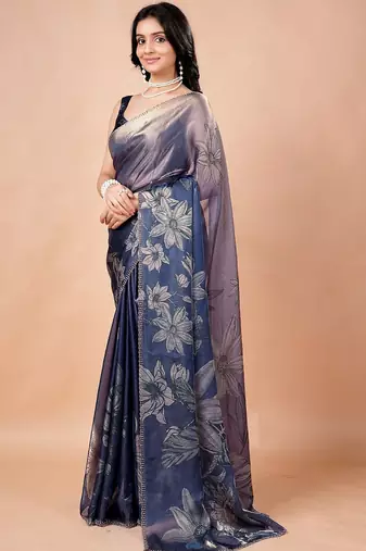Navy blue women ethnic motifs woven design saree
