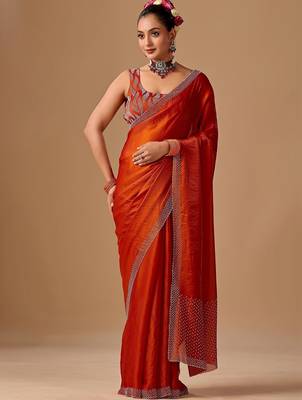Orange embellished beads and stones satin heavy work saree 2