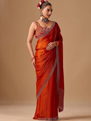 Orange embellished beads and stones satin heavy work saree 3