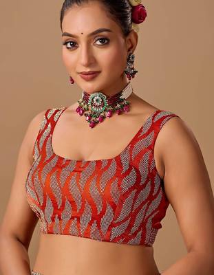Orange embellished beads and stones satin heavy work saree 4