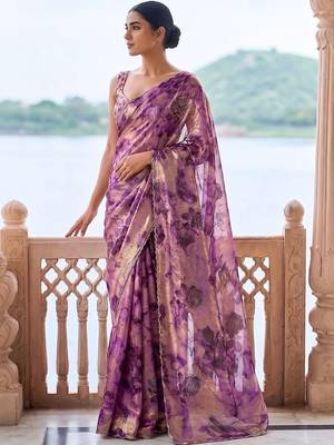 Purple tie and dye beads and stones organza saree 1