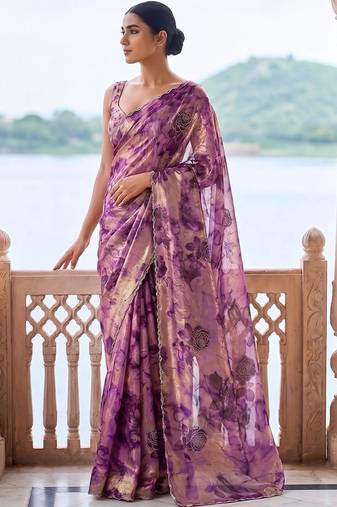 Purple tie and dye beads and stones organza saree