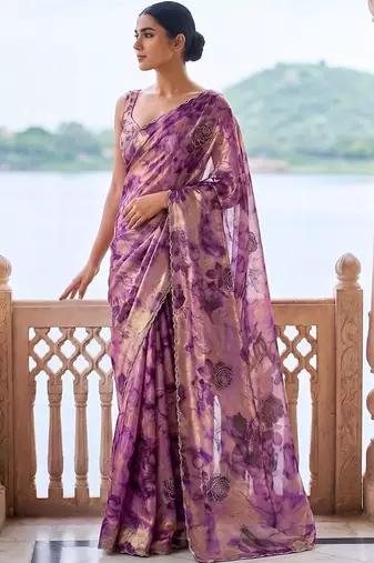 Purple tie and dye beads and stones organza saree