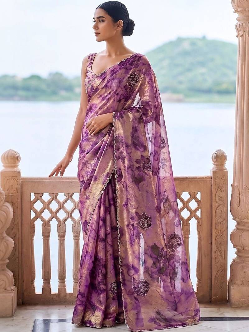 Purple tie and dye beads and stones organza saree