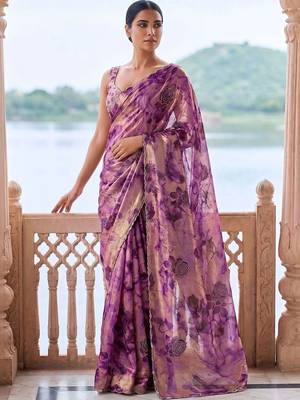 Purple tie and dye beads and stones organza saree 2