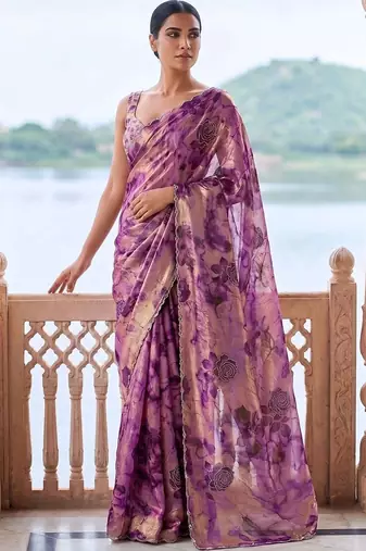 Purple tie and dye beads and stones organza saree