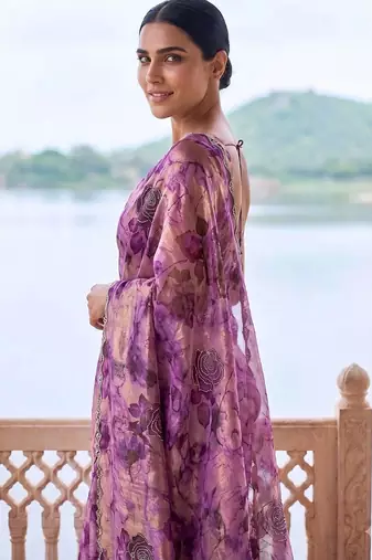 Purple tie and dye beads and stones organza saree