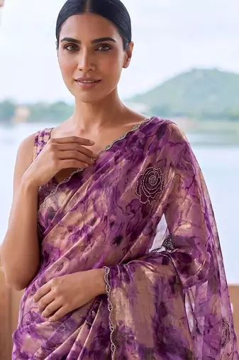 Purple tie and dye beads and stones organza saree