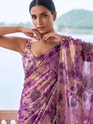 Purple tie and dye beads and stones organza saree 5