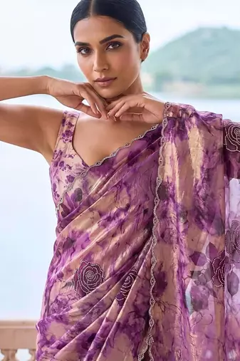 Purple tie and dye beads and stones organza saree