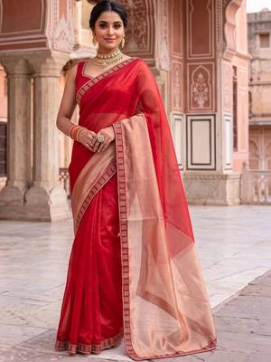 Red colourblocked beads and stones art silk designer saree 1