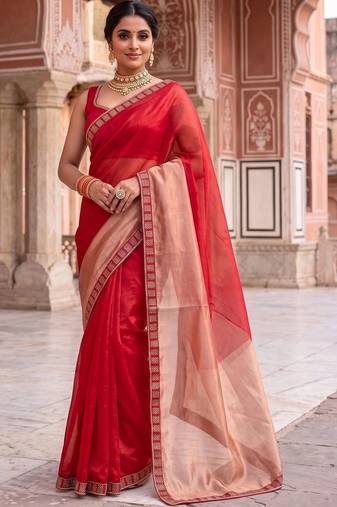 Red colourblocked beads and stones art silk designer saree