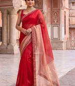 Red colourblocked beads and stones art silk designer saree