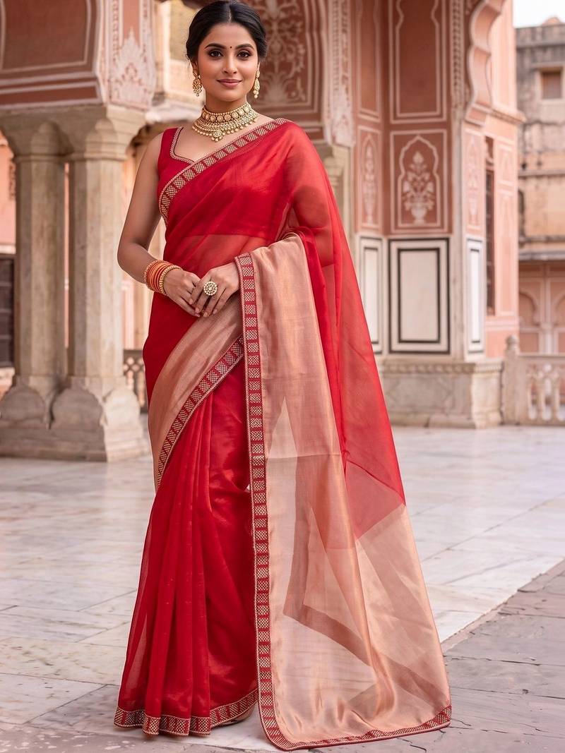 Red colourblocked beads and stones art silk designer saree