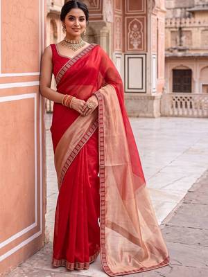 Red colourblocked beads and stones art silk designer saree 2