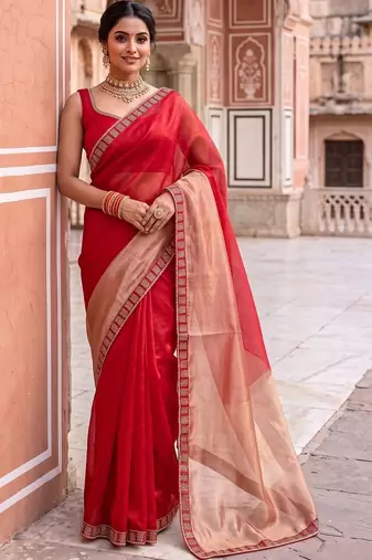 Red colourblocked beads and stones art silk designer saree