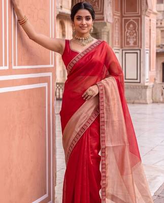 Red colourblocked beads and stones art silk designer saree 3