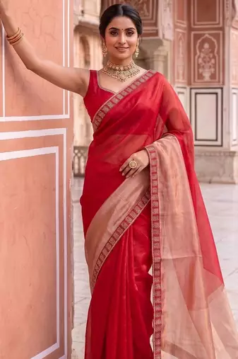 Red colourblocked beads and stones art silk designer saree