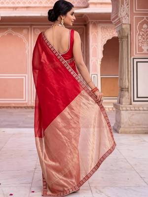 Red colourblocked beads and stones art silk designer saree 4
