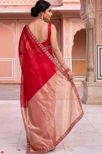 Red colourblocked beads and stones art silk designer saree