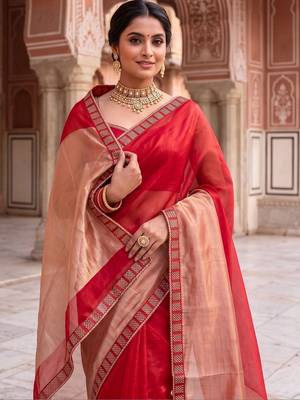 Red colourblocked beads and stones art silk designer saree 5