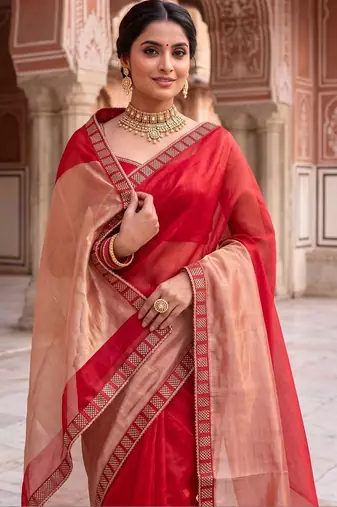 Red colourblocked beads and stones art silk designer saree