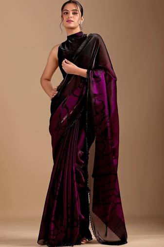 Black floral sequinned organza saree