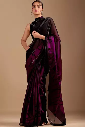 Black floral sequinned organza saree