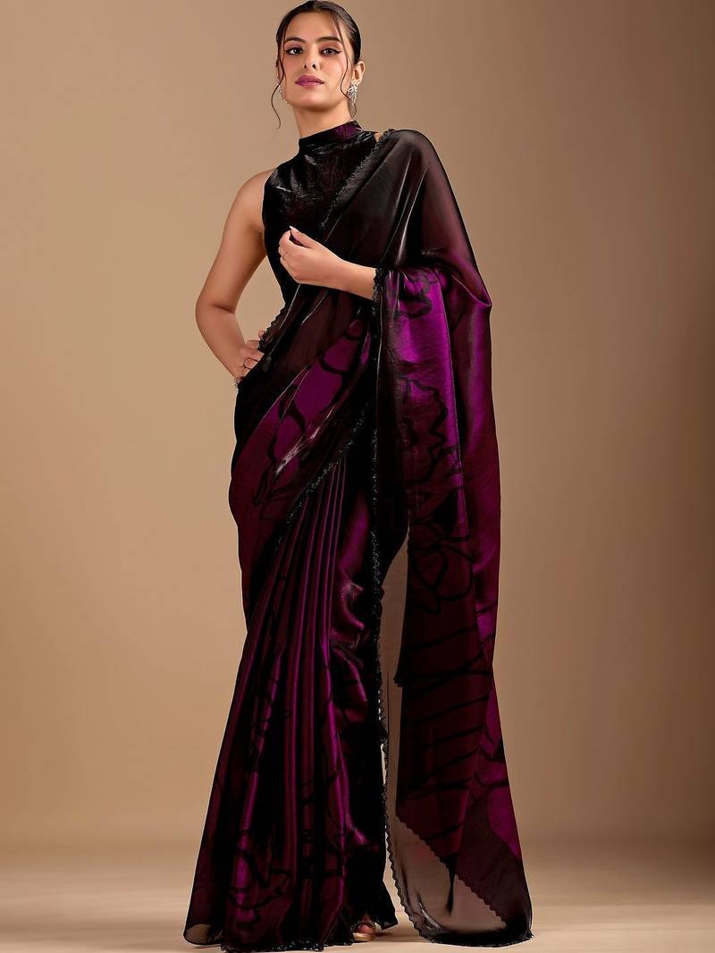 Black floral sequinned organza saree